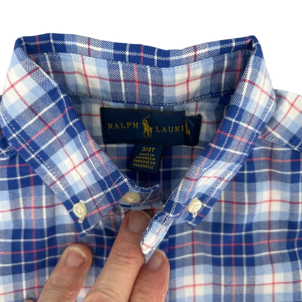 Ralph Lauren Button Down Shirt Kids 3T Blue Plaid Short Sleeve‎ Preppy Classic